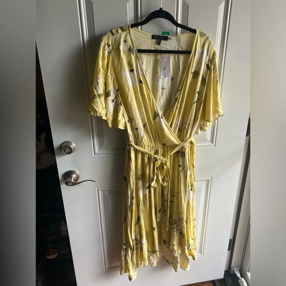 RACHEL Rachel Roy Yellow Floral Wrapped Midi Dress Size 3X Summer Spring - Picture 2 of 7